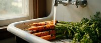 Fresh carrots with green tops rinsed under running water in white kitchen sink by window, food preparation and cooking ingredient.