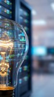Light bulb with digital code and data visualization inside representing innovation and technology solutions in modern server room environment.