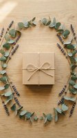Kraft paper gift box tied with twine, surrounded by eucalyptus and lavender on a wooden surface, eco-friendly holiday present concept.