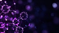 Glowing purple molecular structures and spheres floating in dark space with bokeh light effects create futuristic scientific visualization background.