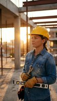 Female construction worker in yellow hard hat holding level tool at building site during golden hour sunset with concrete structure background.