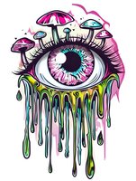 Surreal eye with psychedelic mushrooms and rainbow drips, featuring detailed eyelashes and vibrant pink, blue, and green colors on white background for creative projects.