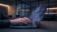 Professional businessman working on laptop with holographic data visualization and charts in modern office environment for technology and business analytics.