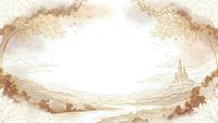 Vintage sepia landscape with ornate floral border frame featuring distant castle and rolling hills for wedding invitations and romantic designs.