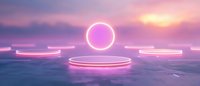 Futuristic neon circles glowing on water surface against purple sunset sky, creating atmospheric sci-fi landscape for technology or gaming background.