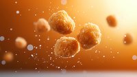 Floating sugar coated doughnut holes or traditional sweet fried dough balls against warm orange background with bokeh light effects and copy space.