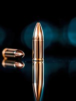 Shiny copper bullets with reflection on dark background with blue bokeh lights, dramatic studio lighting creates metallic gleam on ammunition surface.