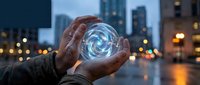 Young adult male with medium skin tone holding glowing blue energy sphere in hands against urban cityscape at dusk, representing innovation, technology, and future concepts for business and design projects.