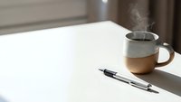 Steaming coffee mug and pen on clean white desk surface creating minimalist workspace atmosphere for productivity and morning routine.