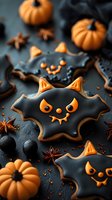 Halloween bat-shaped cookies with black icing and orange decorative elements surrounded by mini pumpkins and star anise spices on dark slate surface.