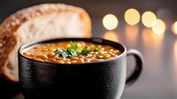 Hearty lentil soup garnished with fresh herbs in black ceramic mug, served with crusty bread against blurred warm lights background, cozy winter meal.