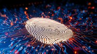 Digital fingerprint glowing on futuristic circuit board with data streams for cybersecurity and biometric authentication technology concepts.