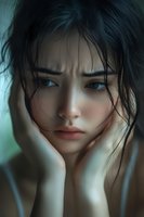 Young Asian woman with messy dark hair and intense gaze looking directly at camera, hands framing face against blurred green background. Moody portrait expressing emotion.
