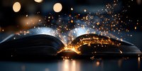 Open magical book with glowing pages and floating golden sparkles against dark background, creating mystical atmosphere for fantasy and education concepts.