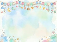 Pastel watercolor nursery border with bunting flags, clouds, moons, stars, and hanging toys on soft gradient background for baby shower invitations and greeting cards.