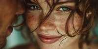 Young Caucasian woman with freckles and green eyes smiling warmly with tousled brown hair in natural outdoor lighting for lifestyle and beauty content.