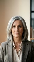 Mature woman with long gray hair wearing brown blazer and cream blouse, professional headshot for corporate, business, and executive portraits.
