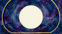 Watercolor galaxy background with gold circle frame and starry night sky, deep blue and purple cosmic space for cards and invitations.