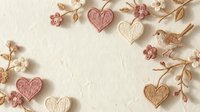 Romantic flat lay with wooden hearts, dried flowers and bird on textured cream background. Valentine's Day, wedding, love concept with natural elements.