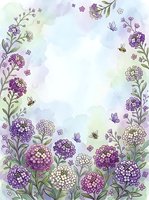 Watercolor floral frame with purple flowers, butterflies and bees on soft pastel background. Spring botanical border for wedding invitations and greeting cards.