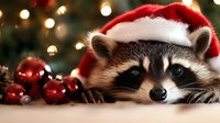 Adorable raccoon wearing Santa hat rests near red Christmas ornaments and twinkling lights, creating festive holiday mood for seasonal greeting cards and decorative designs.