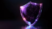Glowing purple shield with sparkles and stars against dark background, digital security concept symbol with neon light effects and reflections.