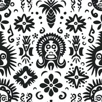 Monochrome folk art pattern with tribal masks, flowers and decorative elements. Seamless repeat design in black and white for fabric and surface patterns.
