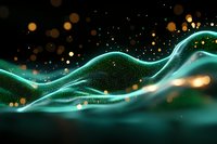Abstract glowing turquoise wave pattern with golden bokeh lights and particles on dark background creates modern futuristic design element.