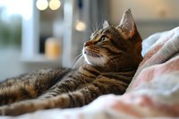 Tabby cat relaxing on soft blanket with dreamy bokeh lights in background, side profile view showing distinctive striped markings and alert expression.