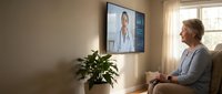 Senior Caucasian woman having virtual medical consultation with female doctor via television screen in modern living room for telemedicine healthcare.