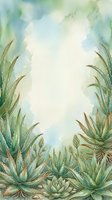 Watercolor succulent plants frame with soft blue green tones and white center space for text or design elements on textured paper background.