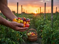 Farmer hands holding fresh colorful tomatoes at sunset in organic vegetable garden with basket and plants in background for healthy food harvest concept.