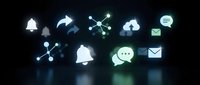 Glowing communication and notification icons floating on dark background with blue bokeh effects for digital interface design and technology concepts.