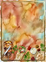 Watercolor menu background with shawarma, doner kebab, spices, sauce and pita bread, warm tones, copy space for restaurant or cafe design.