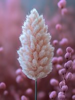 Soft pink pampas grass plume against blurred pink floral background creates dreamy romantic atmosphere for wedding decor and feminine designs.