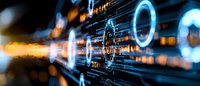 Digital binary code with glowing blue circles and orange light effects on dark background, futuristic technology concept for cybersecurity and data transfer.