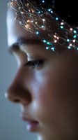 Side profile portrait with glowing fiber optic lights creating magical illumination against soft skin tones and delicate features in dreamy atmospheric lighting.