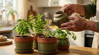 Senior man watering small herb plants in terracotta pots on kitchen counter, indoor gardening and sustainable living at home.