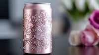 Elegant rose gold aluminum can with embossed floral pattern sits on white surface beside pink roses, perfect for premium beverage branding and packaging design.