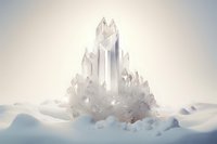 Luminous crystal cluster emerging from soft white snow with ethereal glow and delicate light refraction creating magical winter atmosphere.