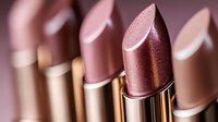 Metallic rose gold lipstick bullet close-up with blurred nude lipsticks in background creating luxurious cosmetic composition for beauty and makeup artistry.