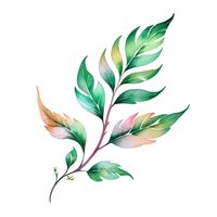 Watercolor botanical green leaves branch with delicate pink undertones on white background, isolated element for nature-inspired designs and decorative artwork.