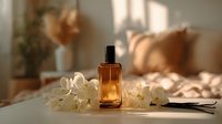 Elegant amber perfume bottle with vanilla pods and white orchids in warm sunlight, creating luxurious spa atmosphere in cozy bedroom setting.