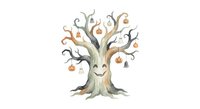 Spooky Halloween tree with carved pumpkin ornaments and friendly face on white background. Autumn seasonal decoration for greeting cards and party designs.