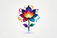 Vibrant lotus flower with gradient petals in pink, purple, orange and blue tones, decorated with stars and curved elements on light background. Spiritual art concept.