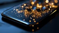 Glowing miniature houses emerge from smartphone screen with magical bokeh lights, creating dreamy real estate technology concept in dark blue and gold tones.