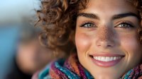 Young woman with natural freckles, curly brown hair and bright smile wearing colorful knitted scarf, close-up portrait with soft bokeh background.