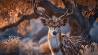 Majestic deer with large antlers in autumn forest at sunset, wildlife portrait showing spotted coat and alert expression against blurred golden background.