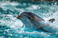 Playful dolphin swimming in turquoise water with dynamic splash effect, perfect for marine life articles, wildlife conservation campaigns and ocean themed designs.