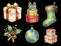 Festive holiday gift boxes, wrapped presents, Christmas stocking, decorative ornament ball, and holly berry arrangement isolated on transparent background. Ready for t-shirt designs, clipart, stickers, sublimation, and print-on-demand projects.
